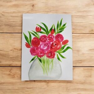 Floral Art Painting with Pink and Green Accents.  12in. X 9in.